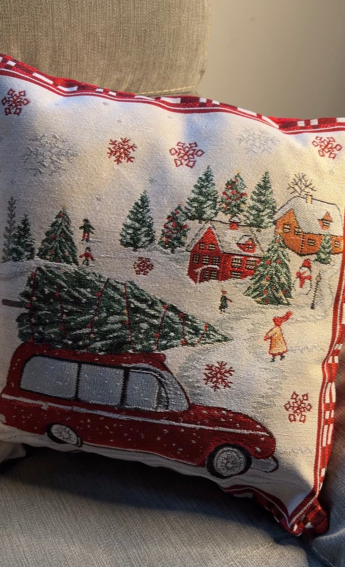 Housse Coussin Lin Brodé Noël vintage 🚗🎄 45x45cm