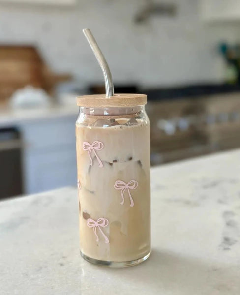 đ Gobelet en verre Noeuds roses đ Couvercle bambou & paille en verre