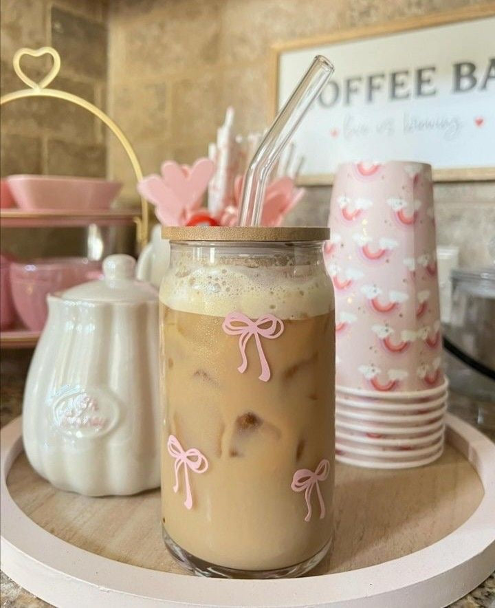 đ Gobelet en verre Noeuds roses đ Couvercle bambou & paille en verre