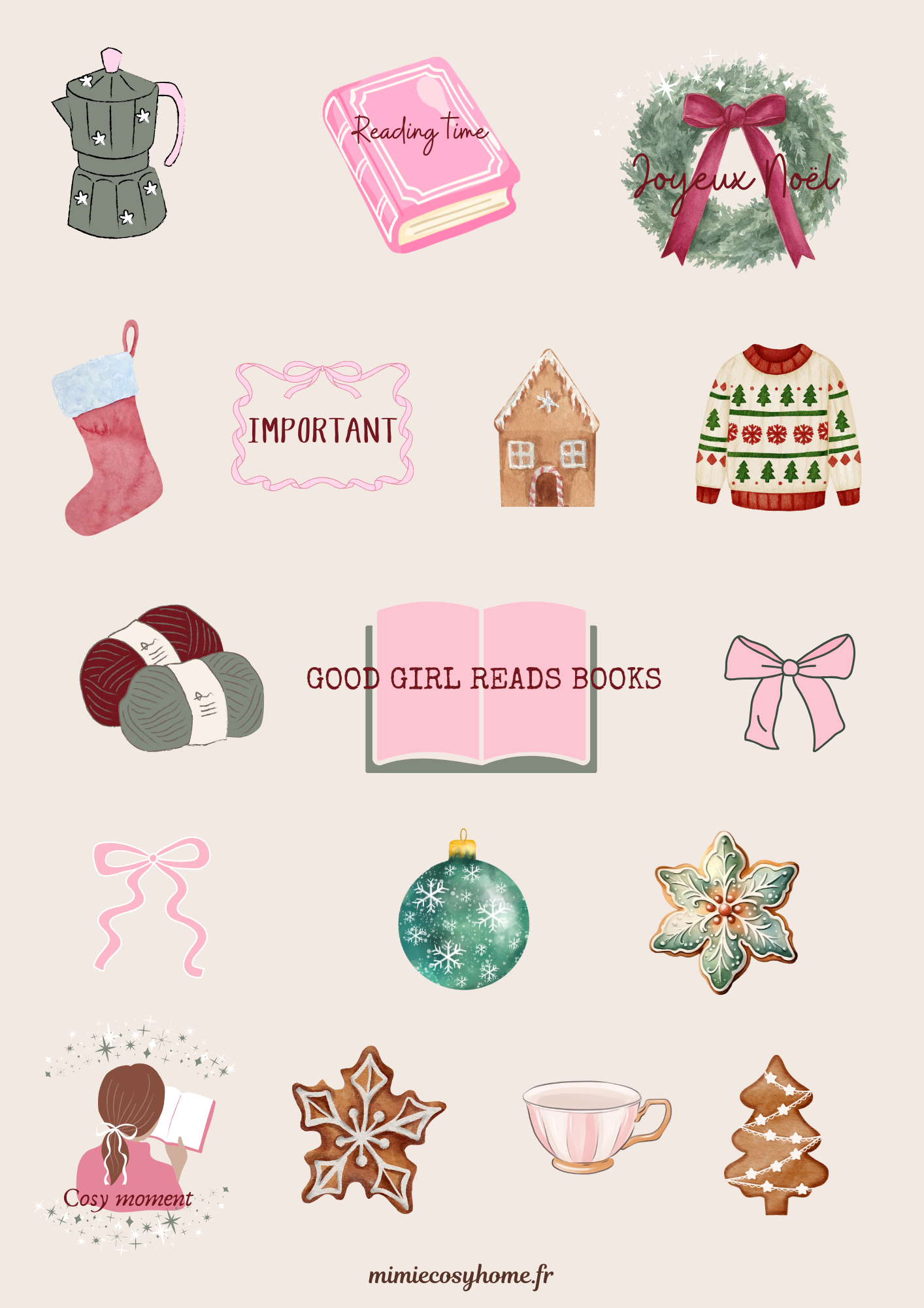 Planche de 17 stickers GOOD GIRL READS BOOKS Noël ✨