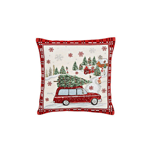 Housse Coussin Lin Brodé Noël vintage 🚗🎄 45x45cm