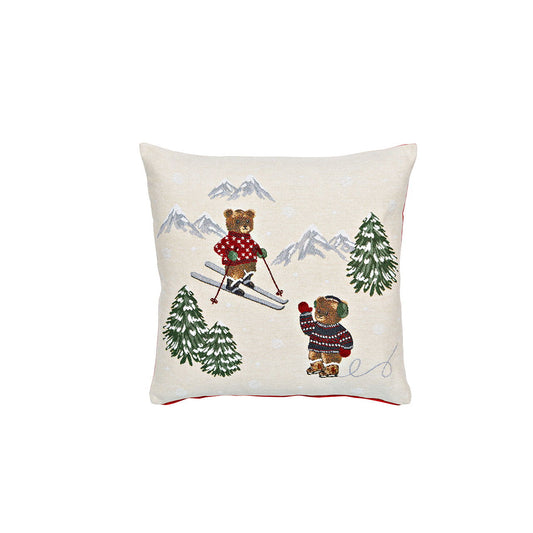 Housse Coussin Lin Brodé Oursons au Ski ⛷️ - 45x45cm Hiver Cosy