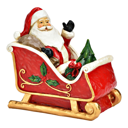 Figurine Père Noël en Traîneau Vintage Effet Bois