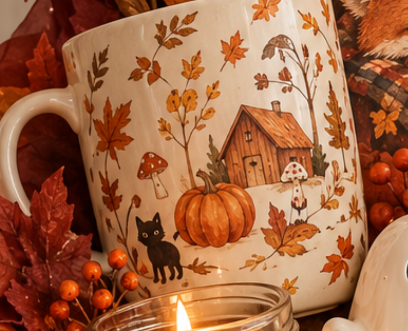 Tasse d’automne illustrée avec chat noir et maison cosy