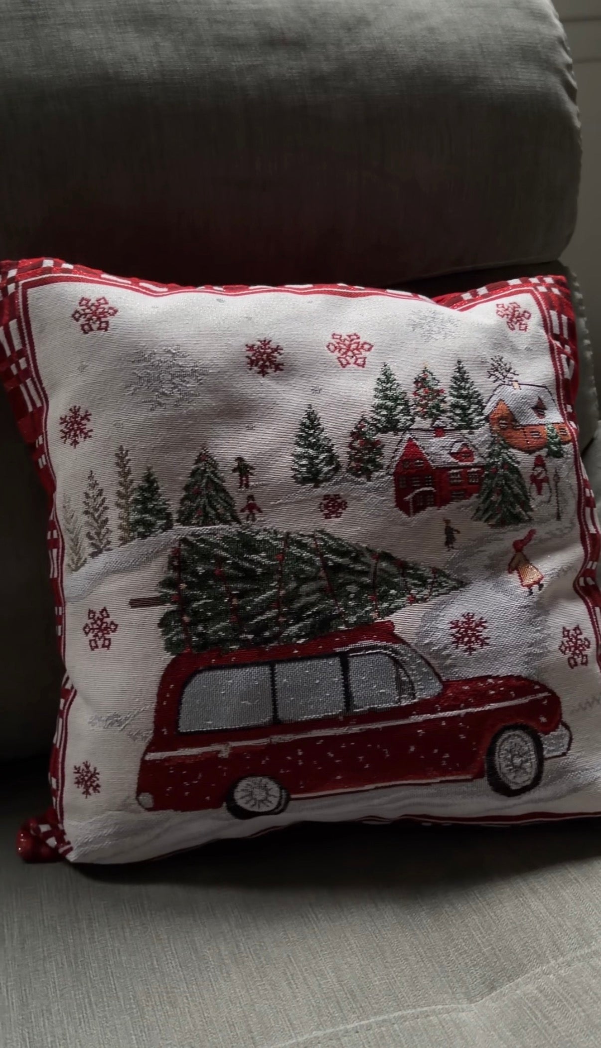 Housse Coussin Lin Brodé Noël vintage 🚗🎄 45x45cm