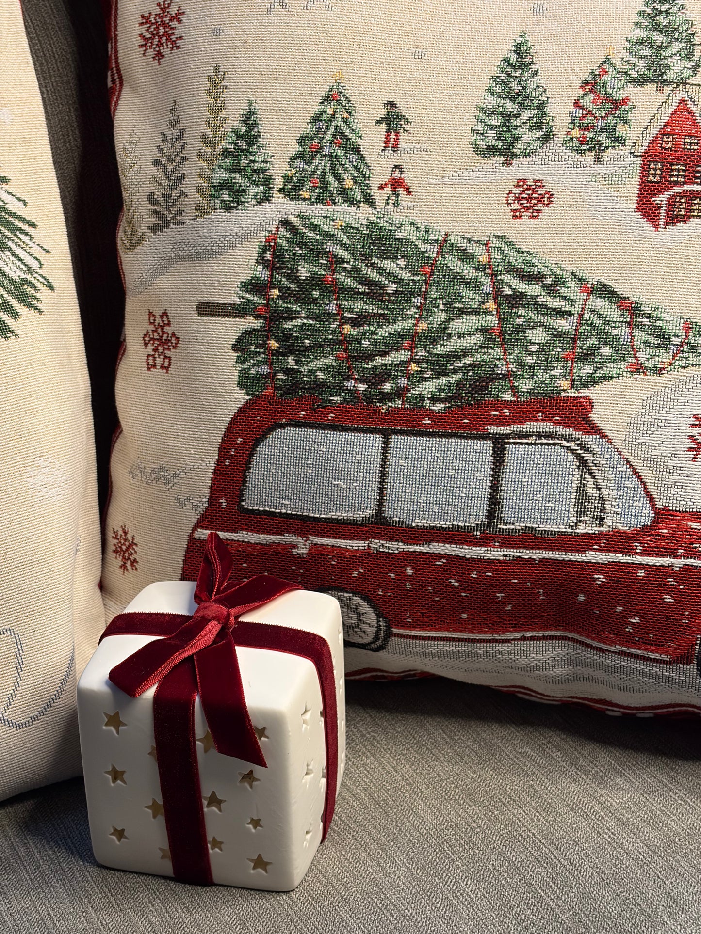 Housse Coussin Lin Brodé Noël vintage 🚗🎄 45x45cm