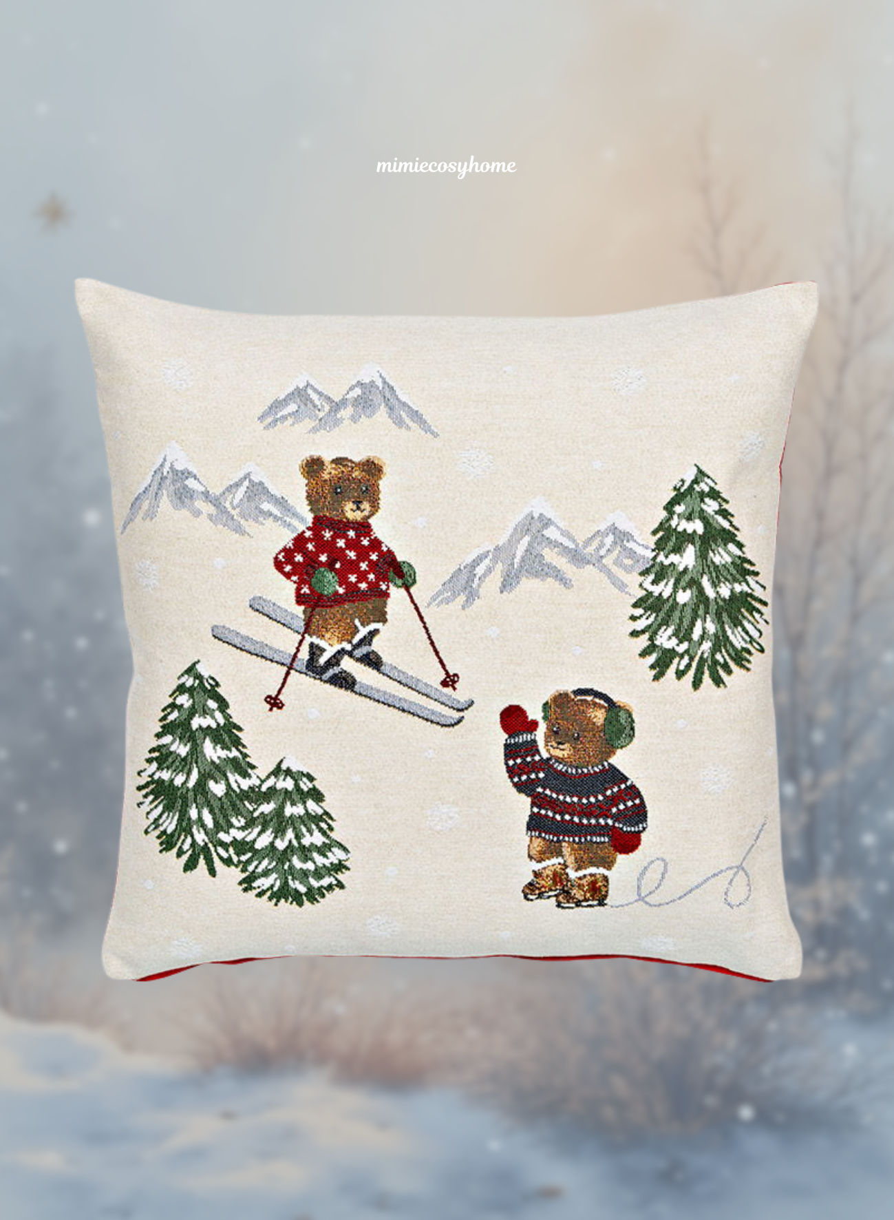 Housse Coussin Lin Brodé Oursons au Ski ⛷️ - 45x45cm Hiver Cosy