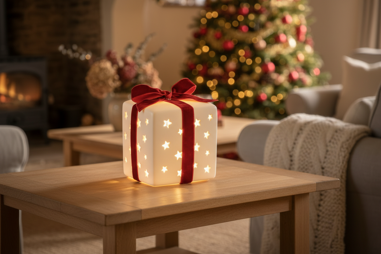 Cadeau lumineux porcelaine - vue rapprochée