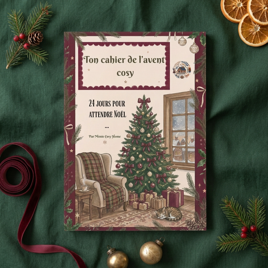 Cahier de l’avent sur une nappe vert foncé avec décorations de Noël