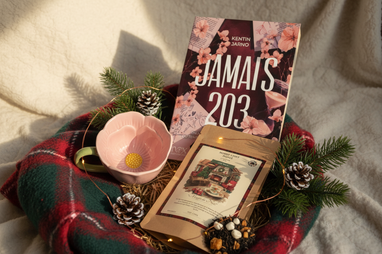Coffret cadeau avec tasse fleur, livre Jamais 203 et thé Magie de Noël