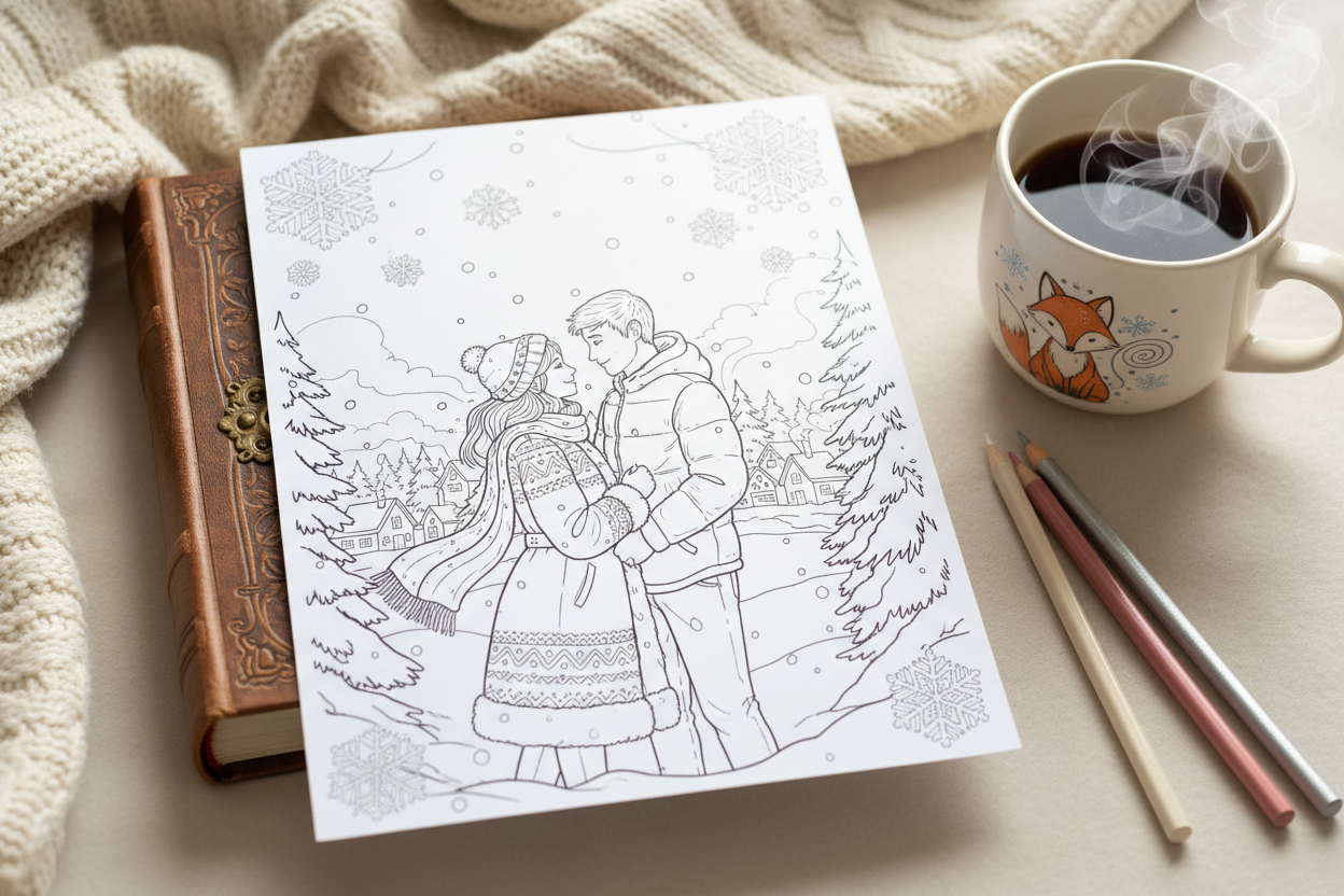 Coloriage romance hiver couple neige