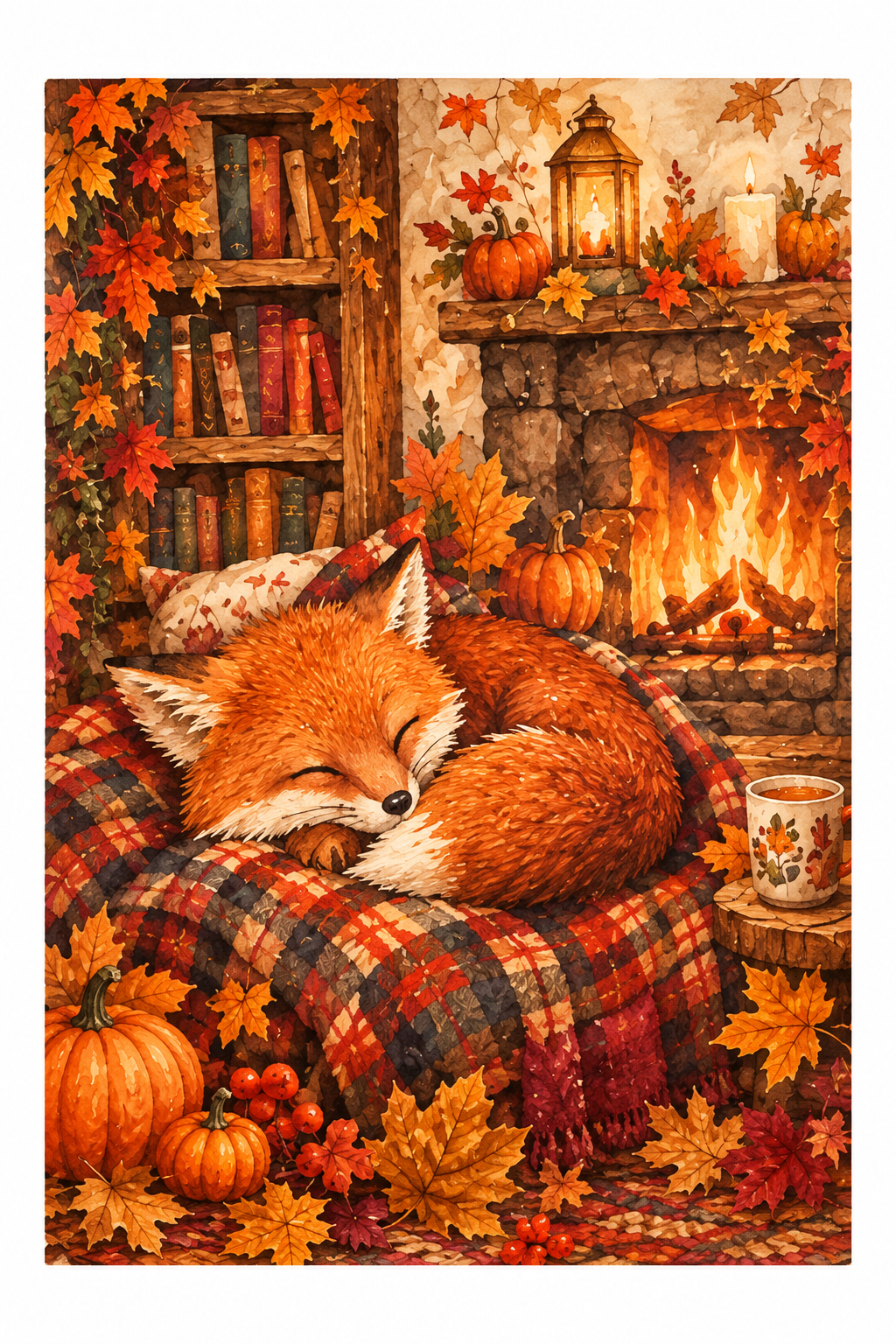 Illustration renard cosy coin du feu — format A4 puzzle