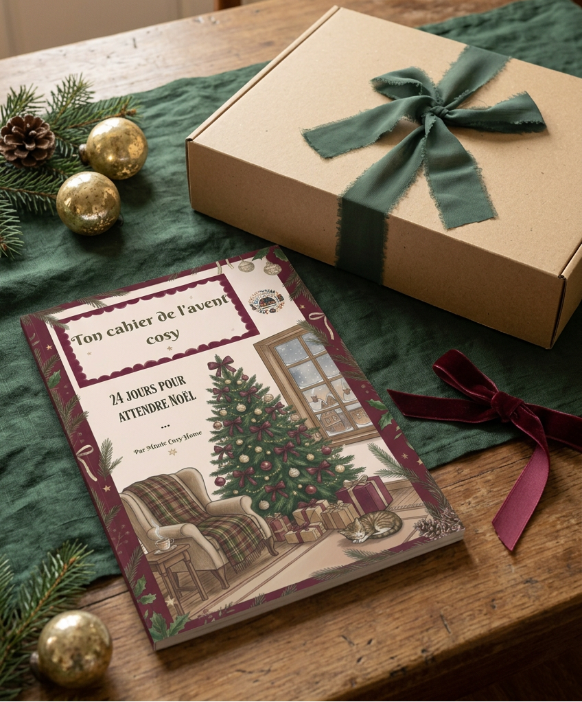 Le cahier et le coffret de l’Avent sur une table dans un décor de Noël vintage