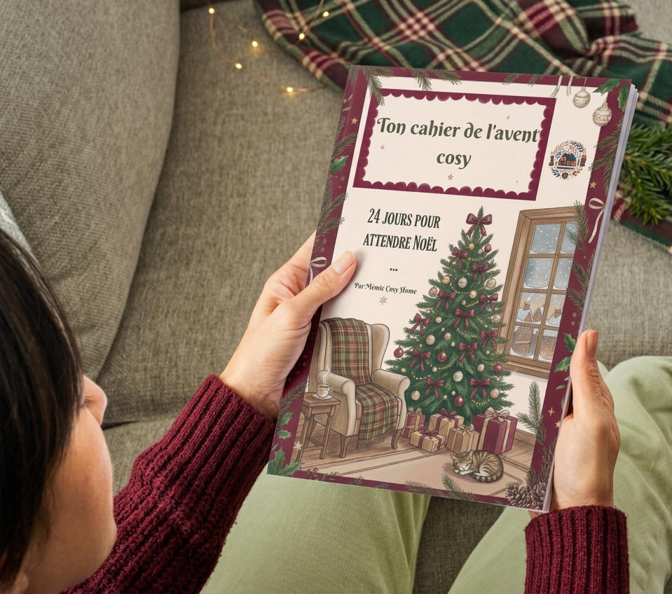 Photo du cahier de l’avent avec pull bordeaux et décor de Noël vintage