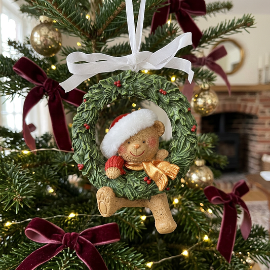 Suspension ourson dans un sapin de Noël traditionnel vert foncé et bordeaux