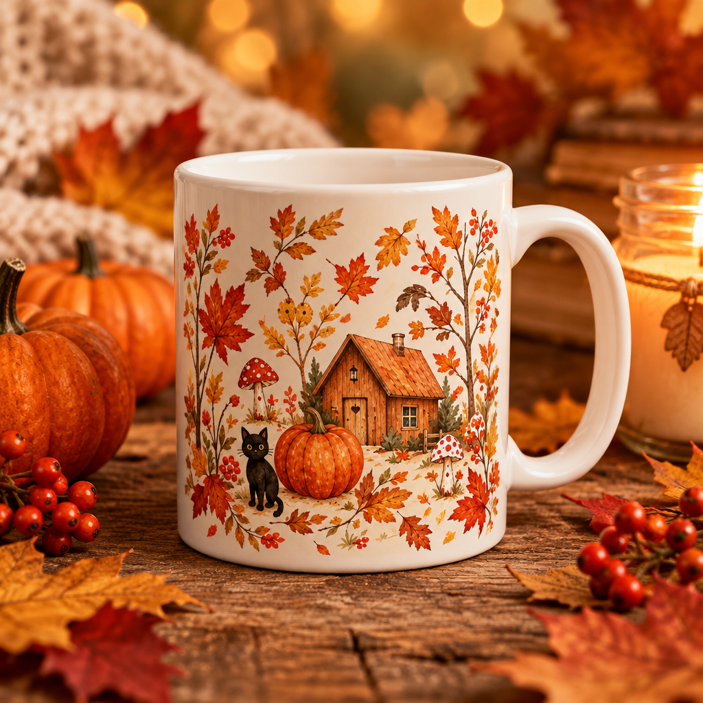 Tasse d’automne illustrée avec chat noir et maison cosy